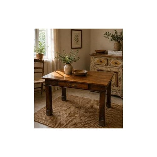 Wooden Table with Central Drawer and Brass Handle, Italy, 1950s, in Good conditions. Designed 1950 to 1959