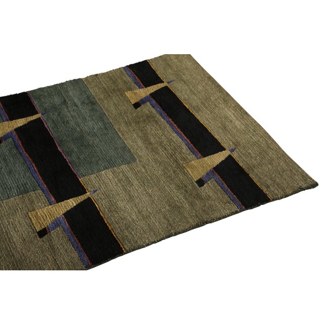 Rug & Kilim Rug & Kilim’s Hand-Knotted Cubist Runner in Green and Black Striped Pattern For Sale - Image 4 of 5