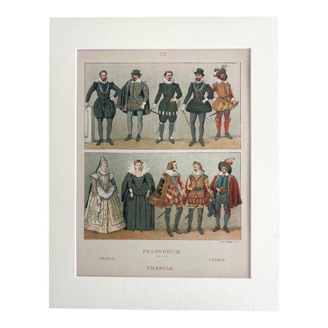 Antique 1925 Max Tilke 17th c. French Costume Print in 11x14 Mat, Ready to Frame For Sale