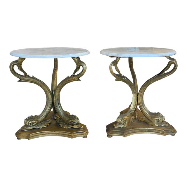 Pair of Italian Dolphin Side Tables With Carrara Marble Tops For Sale