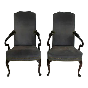 Hancock & Moore Mahogany Frame Gray Suede Leather Armchairs Nailhead Trim - a Pair