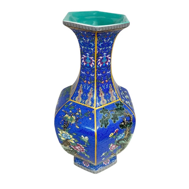 Ceramic Chinoiserie Famille Rose Style Hexagonal Shaped Vase 18" H For Sale - Image 7 of 8