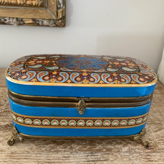 Antique French Large Handpainted Turquoise and Pink Porcelain Dresser Box. Marie Antoinette pink interior. Brass closure...