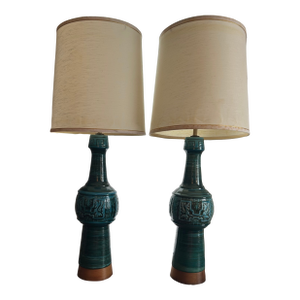 Pair of Mid Century Modern Ceramic Green and Blue Table Lamps
