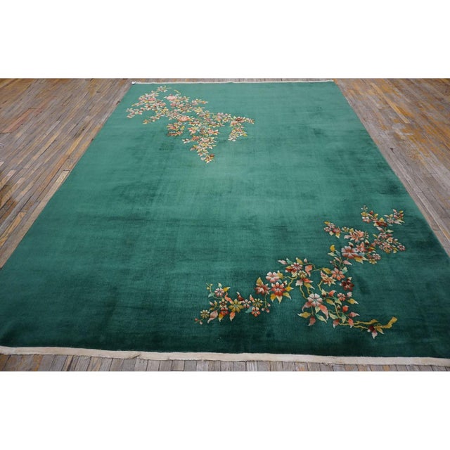 1930s Antique Green Field Chinese Room Size Knotted Wool 1930s Rectangle Art Deco Rug For Sale - Image 5 of 10