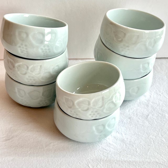 2000 - 2009 2000s Chinese Celadon Porcelain Engraved Raised Relief Grapes/Leaves Motif Rice/Soup Bowls- Set of 8 For Sale - Image 5 of 7