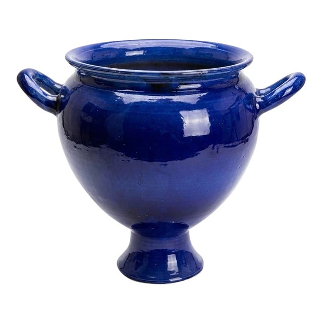 Vintage Cobalt Blue Glazed Glazed Ceramic Urn-Form Vase With Loop Handles For Sale