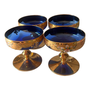 1980s Murano Attributed Tre Fuochi Glass Champagne Coupes in Cobalt Blue With Gold Accents- Set of 4