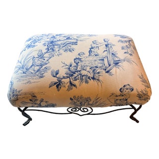 Vintage Wrought Iron Foot Rest / Ottoman With Blue Toile Upholstery For Sale