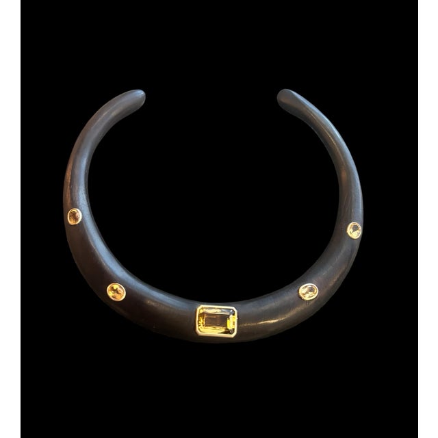 Wood Collar Necklace Wood, Citrine & 14k Gold Black wood with stunning center emerald cut 15x10mm citrine bezeled in a...