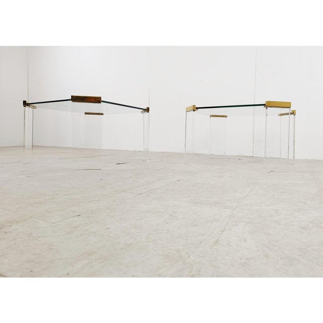 Gold Acrylic Glass and Brass Coffee Tables, 1970s, Set of 2 For Sale - Image 8 of 13