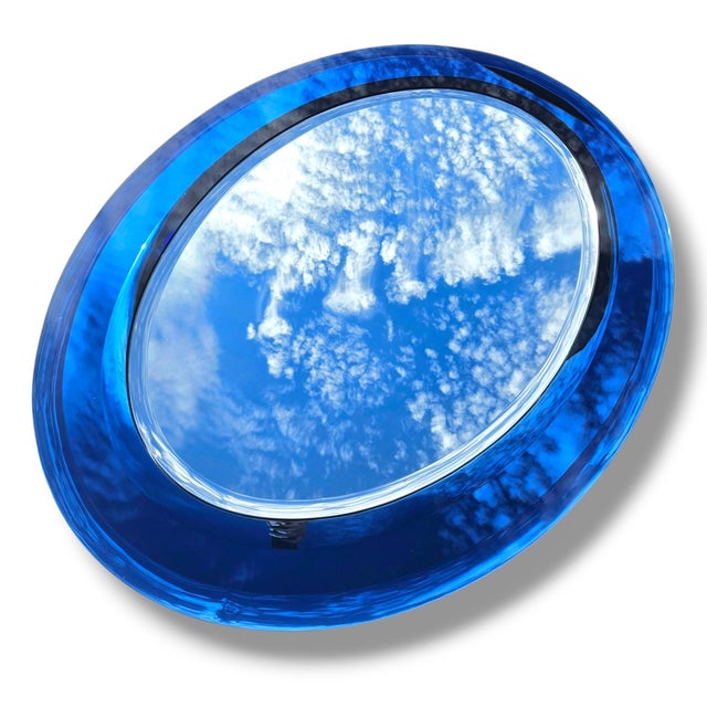 Extremely Rare Cristal Arte Italian Dual-Tone Mirror – Clear Beveled Oval With Blue Mirrored Border For Sale - Image 11 of 14