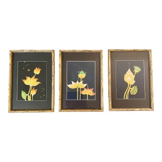 Vintage Lotus Botanical Prints, Gold Faux Bamboo Frames – Set of 3 For Sale
