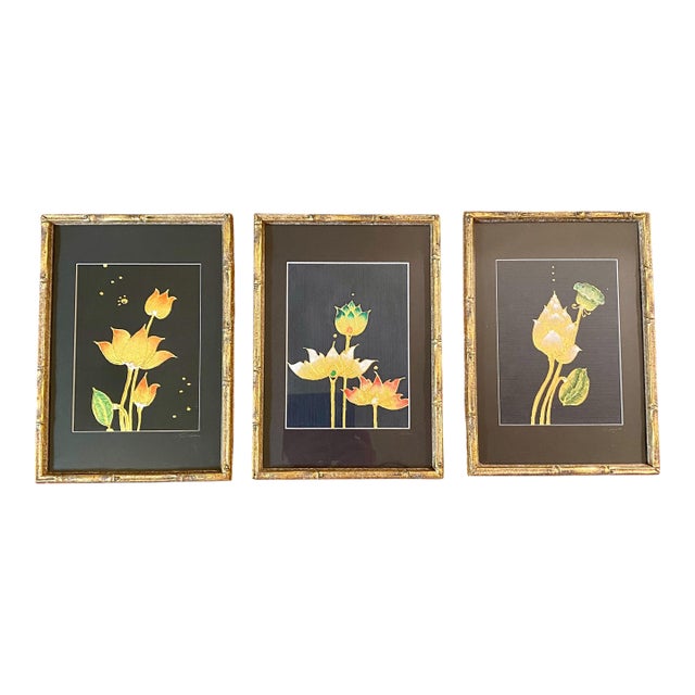 Vintage Lotus Botanical Prints, Gold Faux Bamboo Frames – Set of 3 For Sale