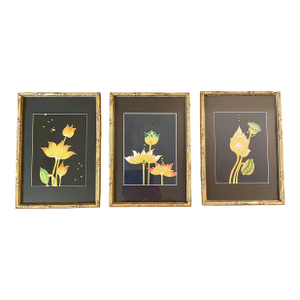 Vintage Lotus Botanical Prints, Gold Faux Bamboo Frames – Set of 3