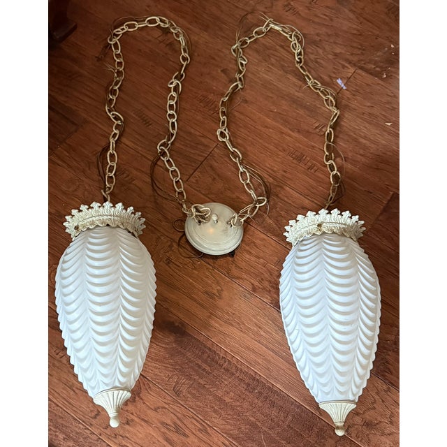 Hollywood Regency Mid Century Swag Two-Light Pendant Ceiling Fixture White Frosted Ruffled Drapery Shades This item is in...