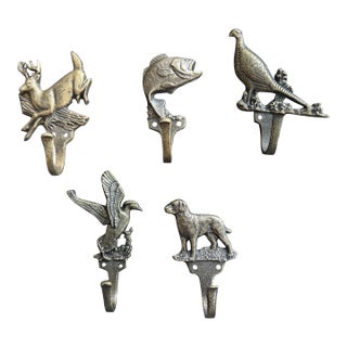 Antique Brass Wildlife Sporting Wall Hooks, Cabin Mudroom Architectural Hardware - Set of 5 For Sale