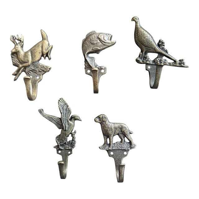 Antique Brass Wildlife Sporting Wall Hooks, Cabin Mudroom Architectural Hardware - Set of 5 For Sale