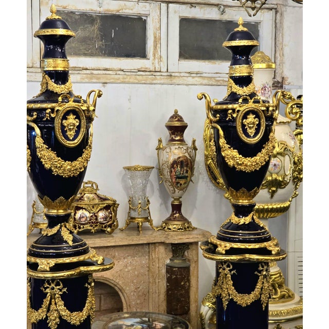 Blue Grand Sevres-Style Midnight Blue Porcelain Vase on Pedestal With Gold Leaf & Bronze Details For Sale - Image 8 of 10