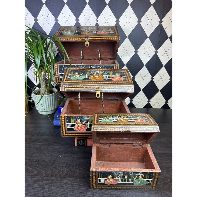 Trio Indian Hand-Painted Nesting Wooden Boxes - Mid 20th Century Set of 3 For Sale - Image 13 of 16