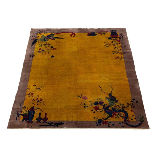 Antique Art Deco Chinese Nichols Style Rug – Imperial Yellow & Lavender For Sale - Image 4 of 11