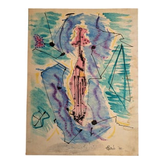 Mid-Century Surrealist Circus Watercolor Mixed-Media Work Signed & Dated 1950 For Sale
