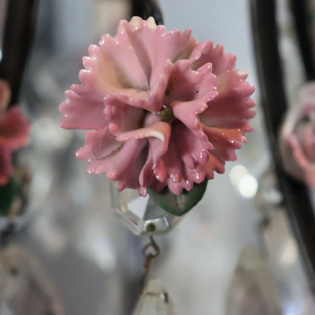 Vintage Crystal, Glass & Ebonized Iron 5-Light Chandelier With Porcelain Flowers For Sale - Image 11 of 11
