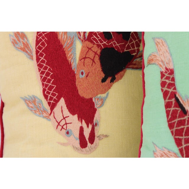 Vibrant Pair of Koi Fish Hand Embroidered Pillow Covers 21" Square, Good Fortune For Sale In Dallas - Image 6 of 10