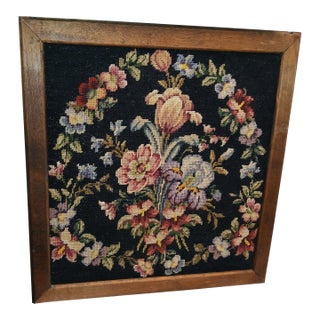 Vintage Large Framed Floral Needlepoint For Sale