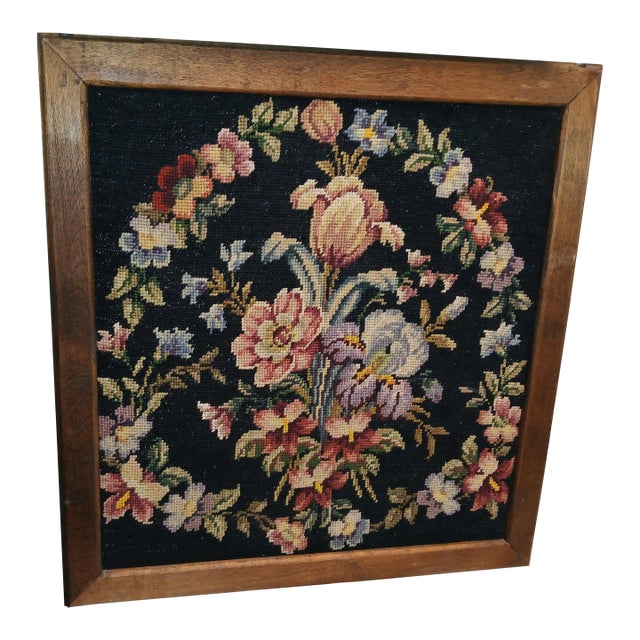 Vintage Large Framed Floral Needlepoint For Sale