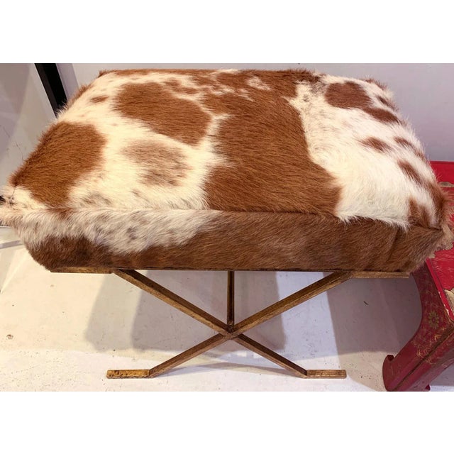 1960s Gilt-Iron Cowhide X-Frame Benches in the Jean Michel-Frank Manner - a Pair For Sale - Image 5 of 8