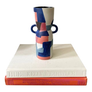 Hand-Painted Modernist Rounded Handle Urn Vase For Sale