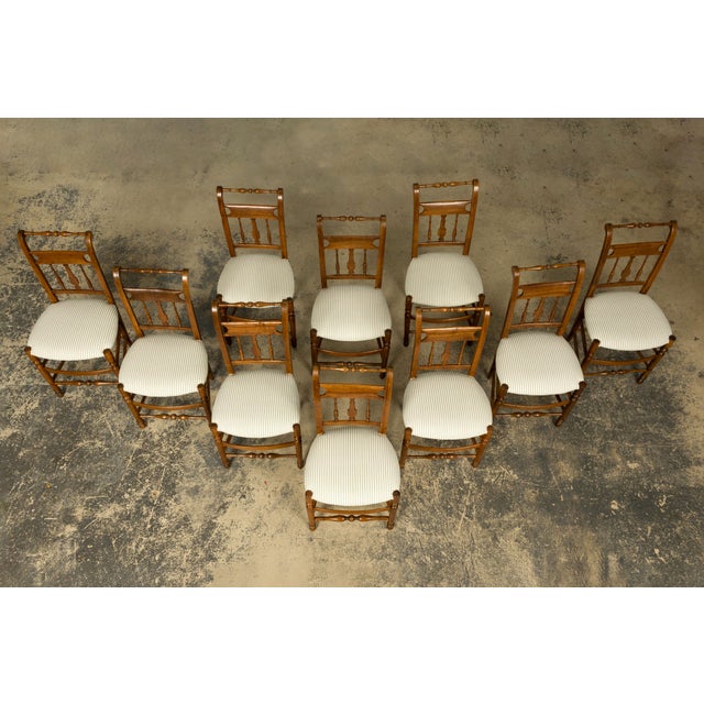 Set of 10 Late 19th Century French Provincial Walnut Dining Chairs in Green Ticking Stripe For Sale - Image 4 of 18