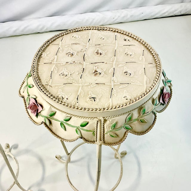 1950s Vintage French Style Boho Chic Scalloped Tole Rose Plant Stands - Set of 2 For Sale - Image 18 of 18
