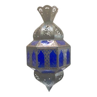 Handcrafted Moroccan Metal and Blue Glass Lantern, Octagonal Shape For Sale