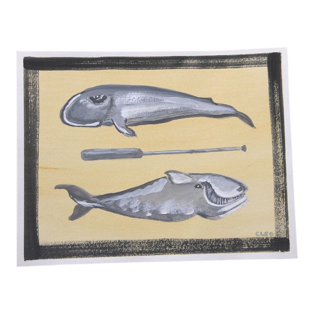 Cleo Plowden Folk Art Whales Americana Minimalism Nautical Gray Yellow Original Painting For Sale