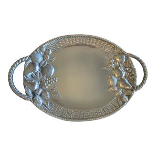 1990s Gorham “Country Terrace” Oversized Handled Serving Tray - Discontinued Hollowware, Fruit & Basketweave Relief - French Country Decor For Sale