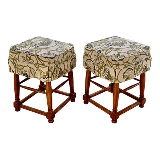 Fremarc Country English Backless Counter Stools With Custom Blue & Green Kravet Jacquard Slipcovers - a Pair For Sale