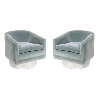 Mid-Century Aluminum & Powder Blue Velvet Swivel Chairs by Leon Rosen for Pace For Sale