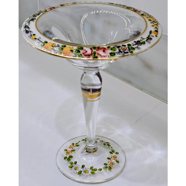 Antique Bohemian Hand-Painted Floral Glass Compote Tazza For Sale - Image 4 of 8