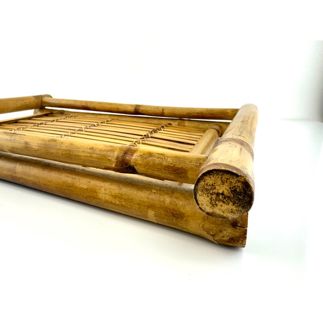 Vintage Mid Century Woven Bamboo Tray With Rustic Character For Sale - Image 4 of 13