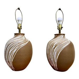 A Pair of Mid Century Modern Large Lava Glazed Ceramic Lamps. Circa 1960s