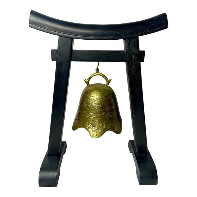 Vintage Large Black Wooden Pagoda Temple With Solid Brass Bell Gong, Circa 1925 For Sale
