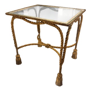 Vintage Hollywood Regency Gilt Rope & Tassel Glass Drinks Table For Sale