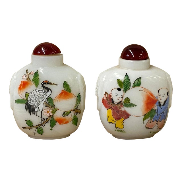 2 X White Glass Print Oriental Kid Crane Graphic Snuff Bottle For Sale
