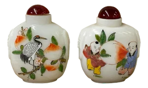 2 X White Glass Print Oriental Kid Crane Graphic Snuff Bottle