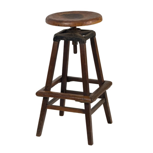 Industrial Antique 1910s 30" Tall Industrial Architect's Draftsman Stool - Adjustable Wood & Cast Iron Swivel Seat For Sale - Image 3 of 18