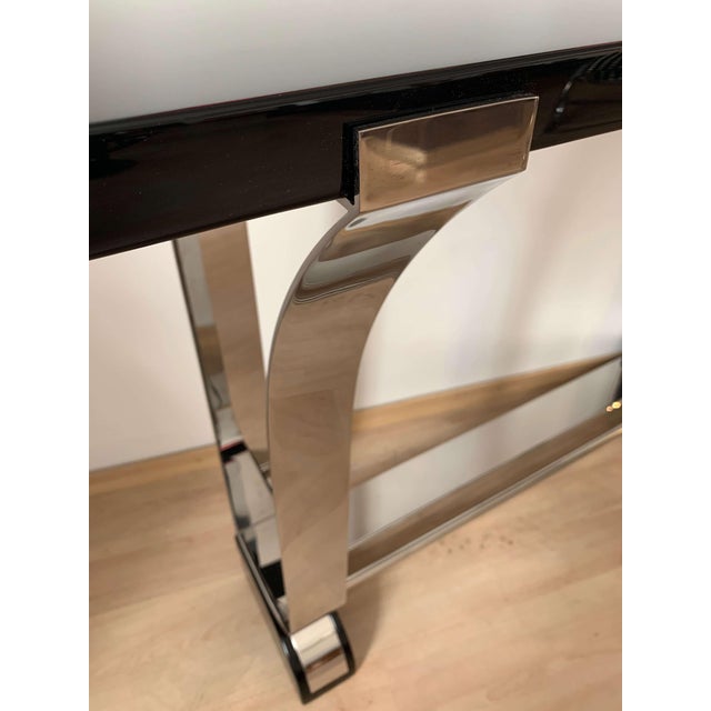 Wood Art Deco Style Console Table in Black Lacquer on Wood and Polished Stainless Steel from COLONEUM For Sale - Image 7 of 12
