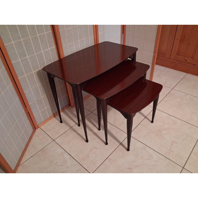 Vintage Mid Century Modern Nesting Tables Set of Three Mahogany With Mahogany Laminate Tops. For Sale - Image 15 of 17