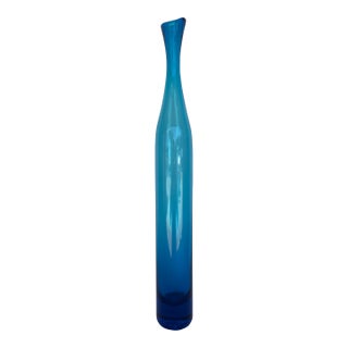 Mid 20th Century Joel Myers Blenko Model 6427 Tall Blue Glass Bottle Vase For Sale